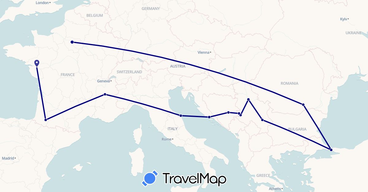 TravelMap itinerary: driving in Bosnia and Herzegovina, France, Croatia, Italy, Romania, Serbia, Turkey (Asia, Europe)